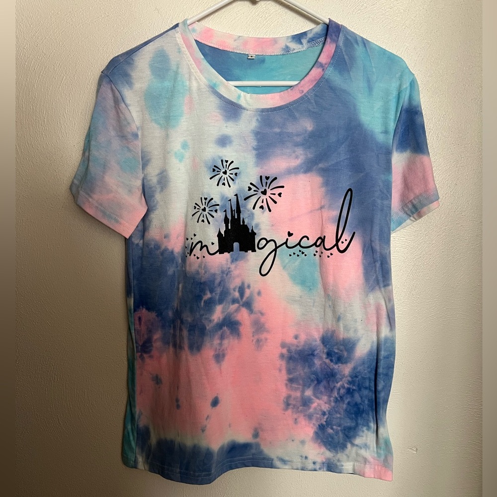NO BRAND Classic Disney Tie Dye Castle 'Magical' Graphic T Shirt Pink Blue Wms S